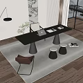 Modern Wooden Desk With Laptop Plant Chair Stools Floor Lamp And City View Window