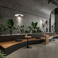 Modern Industrial Cafe Interior Design With Green Plants Bar Counter Benches And Large Windows