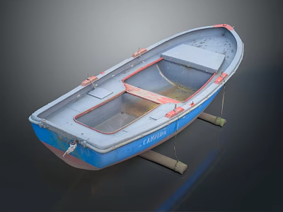 Blue Vintage Wooden Boat With Red Accents And Buoys On Dark Background 3d model