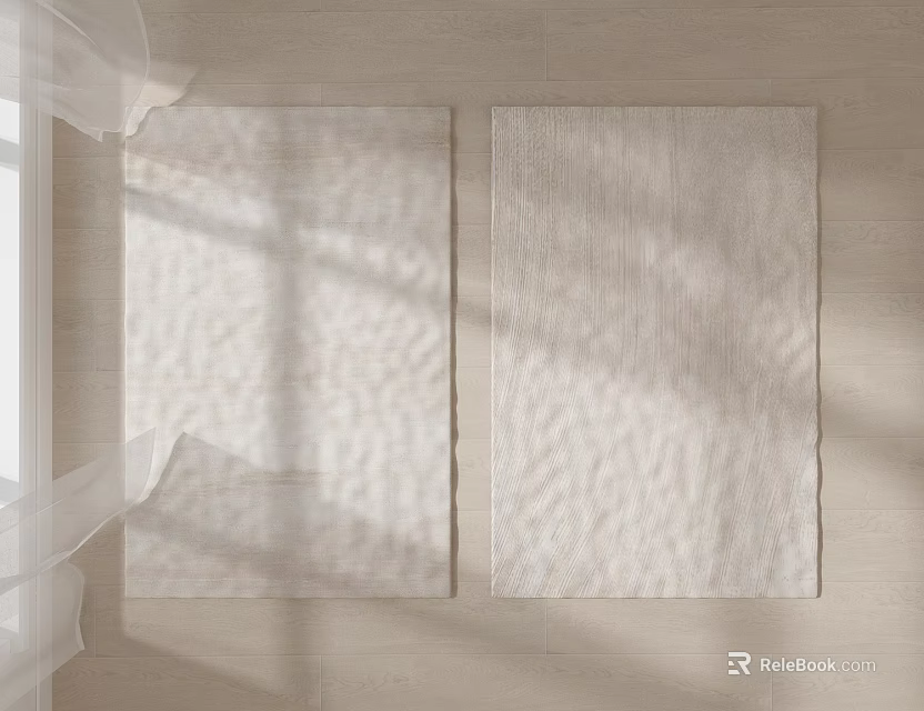 Two Light Colored Square Rugs Lying On Wooden Floor With Sunlight Shadows 3d model