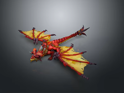 Fantasy Red Dragon With Yellow Wings And Detailed Scales In Flying Pose 3d model
