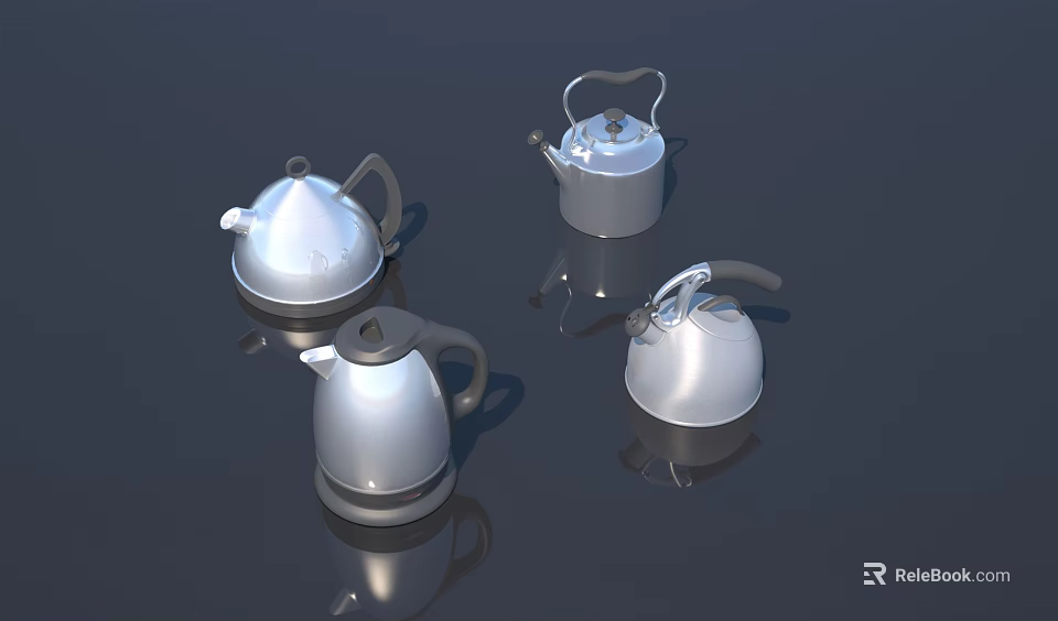 Set of Four Silver Stainless Steel Electric Kettles Modern Design Home Kitchen Appliances 3d model 