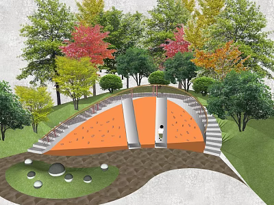 Vibrant Children's Play Area With Orange Ground Stone Steps And Colorful Trees In Park 3d model