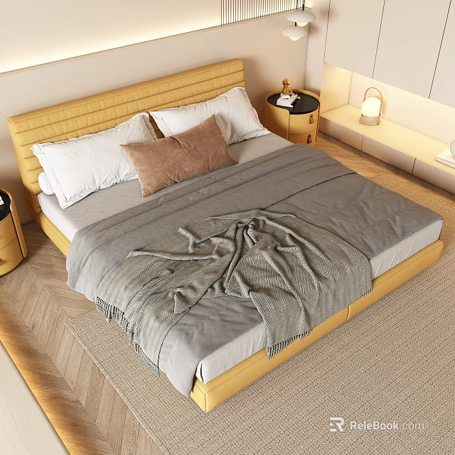 Modern Double Bed With Yellow Upholstered Headboard White Pillows Brown Cushion And Gray Throw Blanket 3d model 
