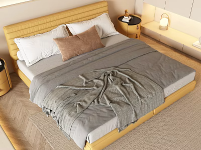 Modern Double Bed With Yellow Upholstered Headboard White Pillows Brown Cushion And Gray Throw Blanket 3d model