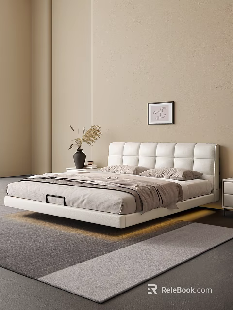 Modern White Double Bed with Upholstered Headboard in Beige Bedroom with Nightstand and Decorative Painting 3d model 