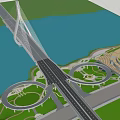 Modern Cable Stayed Landscape Bridge Spanning Water With Green Space And Road Connections