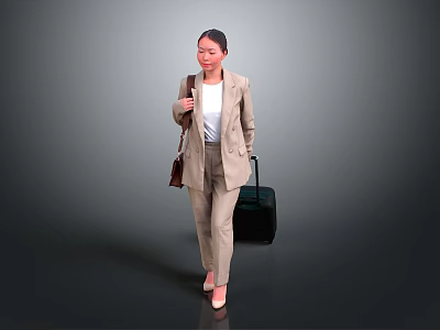 Woman In Beige Suit With White Top Carrying Brown Bag And Black Luggage 3d model