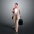 Woman In Beige Suit With White Top Carrying Brown Bag And Black Luggage