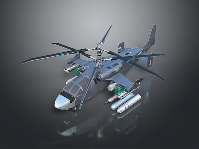 Detailed 3D Rendering Of Military Helicopter With Twin Rotor Blades Gray Fuselage And Armament Systems 3d model