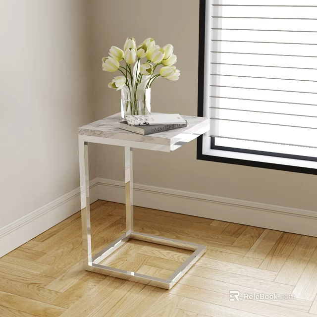 Modern Side Table with Marble Top Silver Frame Vase of White Tulips Book by Window 3d model 