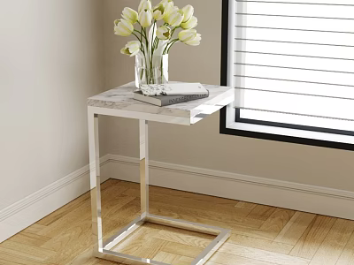 Modern Side Table with Marble Top Silver Frame Vase of White Tulips Book by Window 3d model