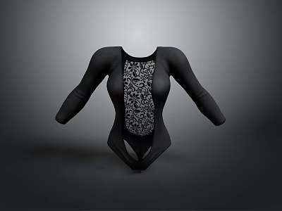 Black Long Sleeved Bodysuit With Stylish Patterned Front For Daily Use 3d model