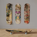 Decorative Skateboards With Colorful Artistic Designs Hanging On Wall And One On Floor