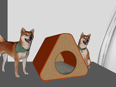 Shiba Inu Dogs With Triangular Pet Bed Featuring Round Entrance And Cozy Mat 3d model