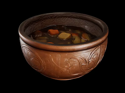 Ceramic Tableware Set With Carved Patterns Holding Delicious Soup And Vegetables 3d model
