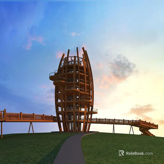 Modern Wooden Tower With Spiral Structure And Wooden Walkway In Natural Surroundings 3d model 