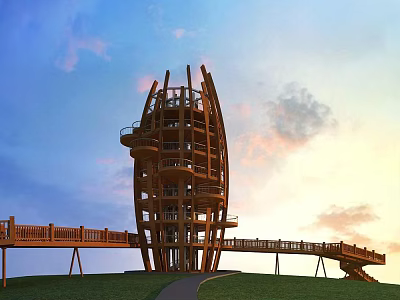 Modern Wooden Tower With Spiral Structure And Wooden Walkway In Natural Surroundings 3d model