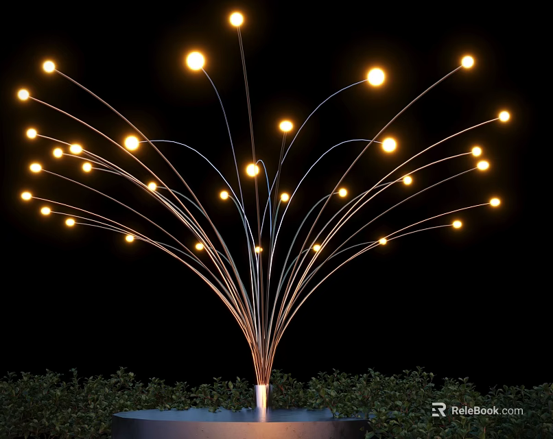 Tree Shaped Outdoor Light with Metal Wire Structure and Illuminated Bulbs Surrounded by Green Plants 3d model 