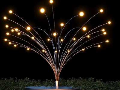 Tree Shaped Outdoor Light with Metal Wire Structure and Illuminated Bulbs Surrounded by Green Plants 3d model