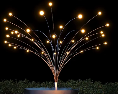 Tree Shaped Outdoor Light with Metal Wire Structure and Illuminated Bulbs Surrounded by Green Plants 3d model