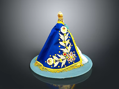 Blue Decorative Hat With Intricate Floral Embroidery And Golden Accent Details 3d model