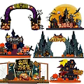 Spooky Halloween Decorative Displays With Castle Pumpkin Ghost And Spider Elements 3d model