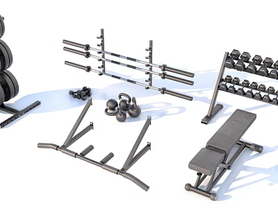 Essential Sports Equipment Set Including Dumbbells Barbells Kettlebells And Weight Bench 3d model
