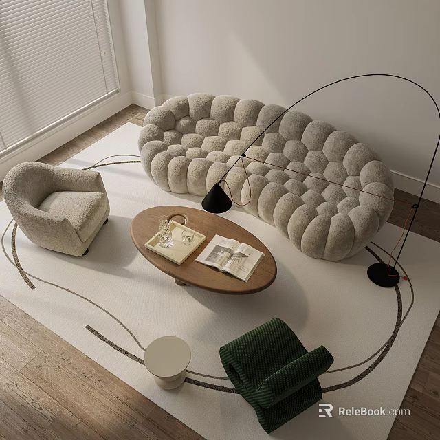 Modern Tufted Sofa And Round Wooden Coffee Table Set With Light Rug Arched Floor Lamp 3d model 