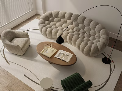 Modern Tufted Sofa And Round Wooden Coffee Table Set With Light Rug Arched Floor Lamp 3d model