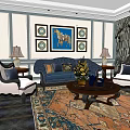 Traditional Living Room Sofa Coffee Table Set With Decorative Wall Art And Patterned Rug
