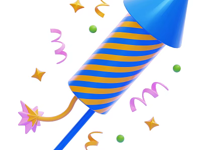 Blue And Yellow Firework Decorative Ornament Set With Stars Streamers And Confetti Dots 3d model