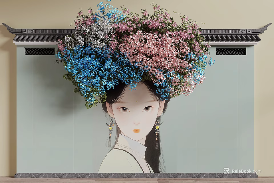 Vines Adorned with Blue and Pink Flowers Surrounding Classical Female Portrait Under Chinese Eaves 3d model 