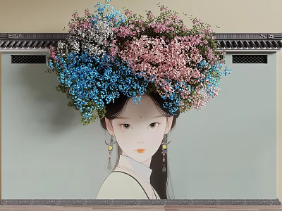 Vines Adorned with Blue and Pink Flowers Surrounding Classical Female Portrait Under Chinese Eaves 3d model