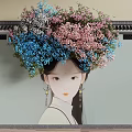 Vines Adorned with Blue and Pink Flowers Surrounding Classical Female Portrait Under Chinese Eaves