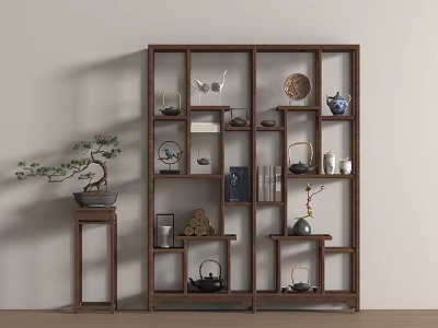 Traditional Wooden Etagere Interior With Antique Tea Pots Books And Ornaments 3d model