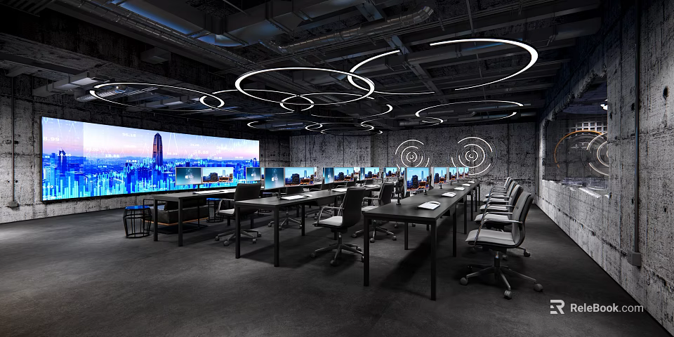 Modern Public Office Space With Open Layout Multiple Workstations Circular Ceiling Lights And Large Screens 3d model