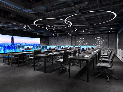 Modern Public Office Space With Open Layout Multiple Workstations Circular Ceiling Lights And Large Screens 3d model