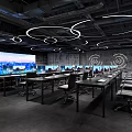 Modern Public Office Space With Open Layout Multiple Workstations Circular Ceiling Lights And Large Screens 3d model