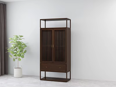 Modern Dark Brown Bookcase With Double Doors Drawer And Potted Plant Near White Wall 3d model