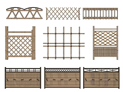 Various Wooden Fence Designs With Lattice Patterns Horizontal Slats And Decorative Tops 3d model