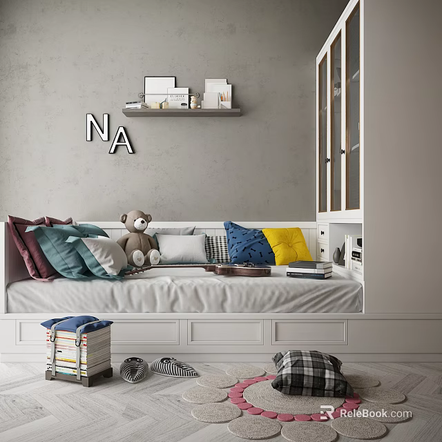 Modern Lounge Space With Colorful Cushions Teddy Bear On White Sofa And Wall Shelf 3d model 