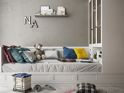 Modern Lounge Space With Colorful Cushions Teddy Bear On White Sofa And Wall Shelf 3d model