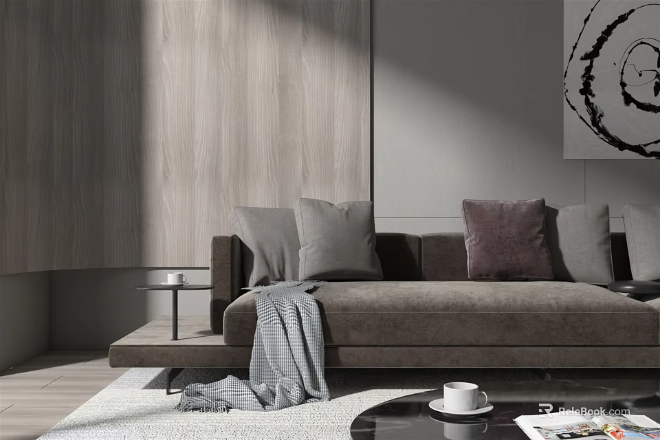 Brown Sectional Sofa With Gray Brown Pillows Blanket On Wooden Wall Modern Living Room 3d model 