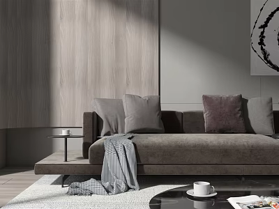 Brown Sectional Sofa With Gray Brown Pillows Blanket On Wooden Wall Modern Living Room 3d model