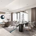 Modern Open Living and Dining Room With Sofa Coffee Table Chandelier Floor to Ceiling Windows
