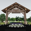 Arched Wooden Entrance Gate Of Travel Village With Green Plants And Lighting