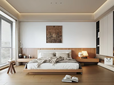 Modern Bedroom Interior With Wooden Floor Wall Art Table Lamp And Blinds 3d model