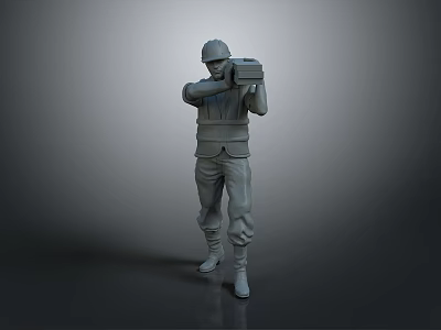 3D Military Style Figure Model Wearing Helmet Holding Square Object In Standing Pose 3d model