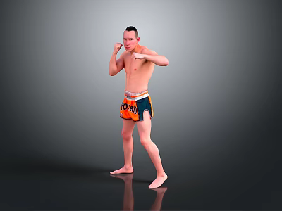 Shirtless Man Practicing Boxing Stance In Orange And Blue Shorts Against Gray Background 3d model